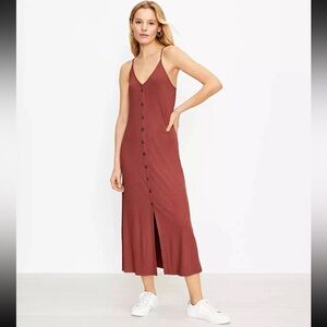LOFT Maroon Ribbed Maxi Dress Button Front Midi Sleeveless Sundress Large
